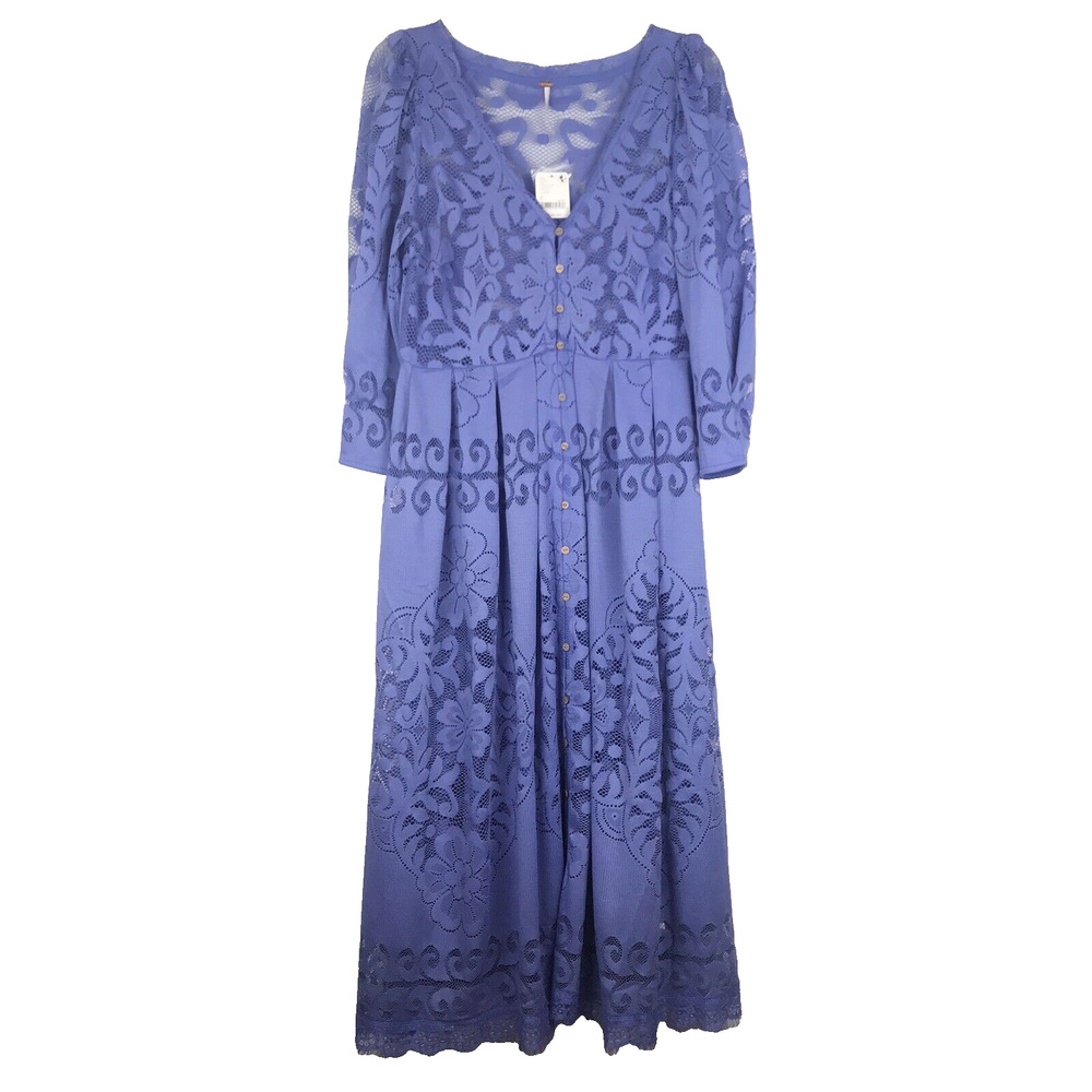 NWT Free People Persian Jewel Blue Lace Midi Dress Button 3/4 Sleeve Small FLAW